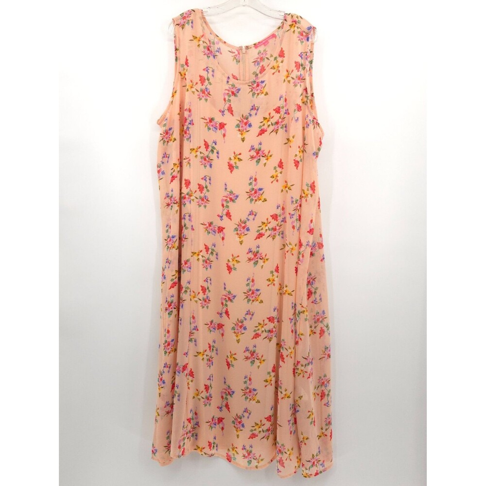 Woman Within Sleeveless Peach Maxi Dress with Multicolor Floral Print